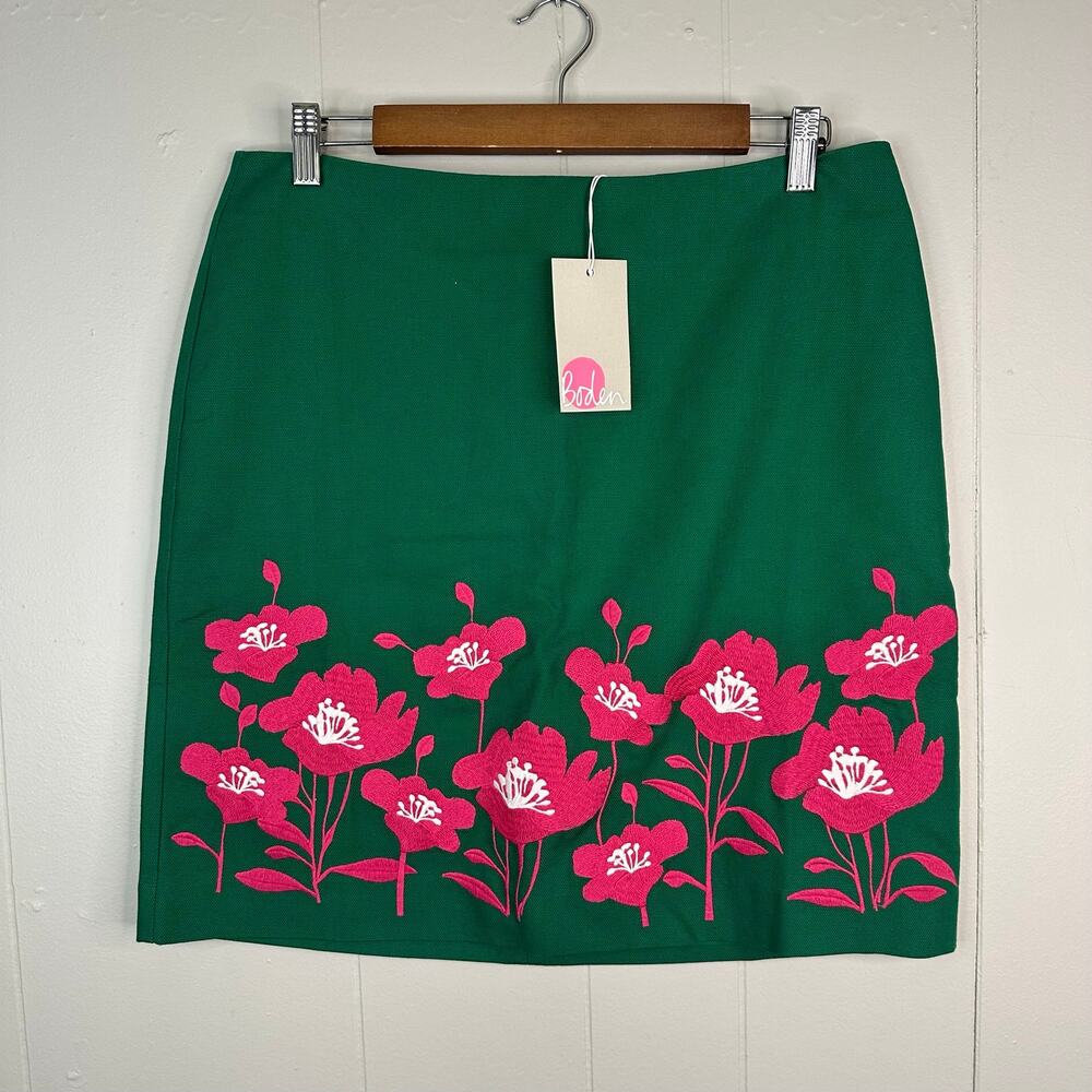 Boden Womens 8 Green Floral Embroidered A Line Mini Skirt NWT Cotton